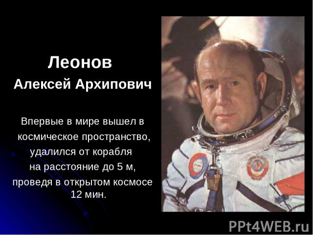 Леонов Алексей Архипович Впервые в мире вышел в космическое пространство, удалился от корабля на расстояние до 5 м, проведя в открытом космосе 12 мин.