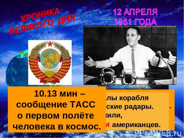 9.10 мин Гагарин: - Вижу Землю… Кра – со – та – то какая!... 9.22 мин – радиосигналы корабля запеленговали американские радары. Президенту США доложили, что русские опередили американцев. 10.13 мин – сообщение ТАСС о первом полёте человека в космос.