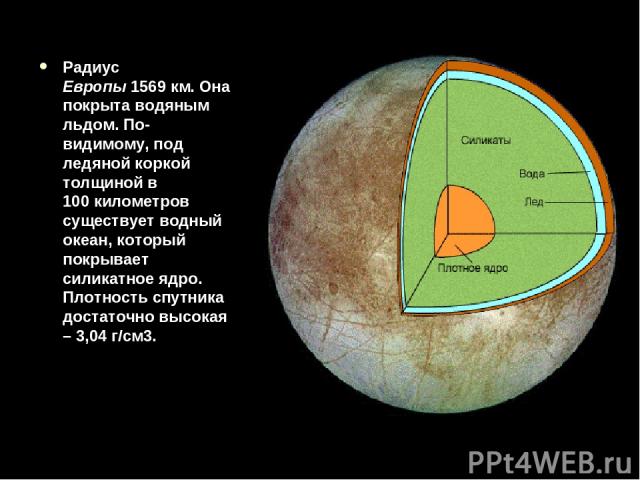 Радиус Европы 1569 км. Она покрыта водяным льдом. По-видимому, под ледяной коркой толщиной в 100 километров существует водный океан, который покрывает силикатное ядро. Плотность спутника достаточно высокая – 3,04 г/см3.