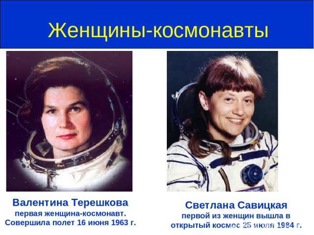 Женщины-космонавты Валентина Терешкова первая женщина-космонавт. Совершила полет 16 июня 1963 г. Светлана Савицкая первой из женщин вышла в открытый космос 25 июля 1984 г.