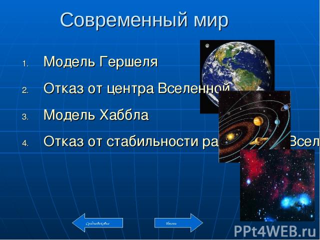 Современный мир Модель Гершеля Отказ от центра Вселенной Модель Хаббла Отказ от стабильности расширения Вселенной