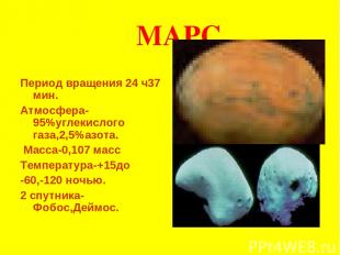 МАРС Период вращения 24 ч37 мин. Атмосфера-95%углекислого газа,2,5%азота. Масса-