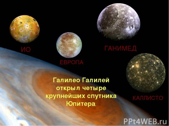 ИО ЕВРОПА ГАНИМЕД КАЛЛИСТО Галилео Галилей открыл четыре крупнейших спутника Юпитера.