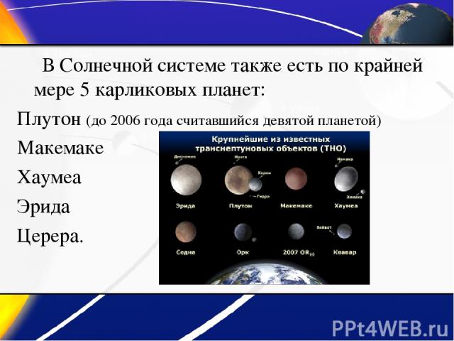 В Солнечной системе также есть по крайней мере 5 карликовых планет: Плутон (до 2006 года считавшийся девятой планетой) Макемаке Хаумеа Эрида Церера.