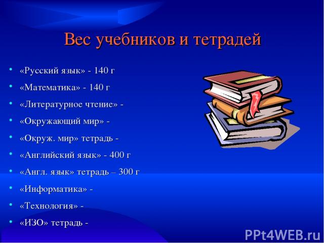 Вес учебников и тетрадей «Русский язык» - 140 г «Математика» - 140 г «Литературное чтение» - «Окружающий мир» - «Окруж. мир» тетрадь - «Английский язык» - 400 г «Англ. язык» тетрадь – 300 г «Информатика» - «Технология» - «ИЗО» тетрадь -