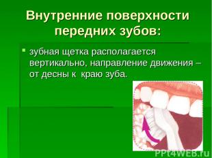 Внутренние поверхности передних зубов: зубная щетка располагается вертикально, н