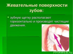 Жевательные поверхности зубов: зубную щетку располагают горизонтально и производ