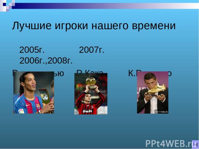 Лучшие игроки нашего времени 2005г. 2007г. 2006г.,2008г. Роналдинью Р.Кака К.Роналдо