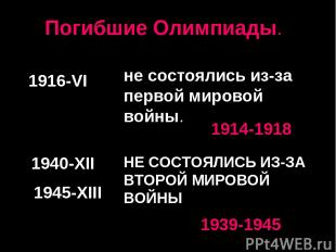 Погибшие Олимпиады. 1916-VI не состоялись из-за первой мировой войны. 1914-1918