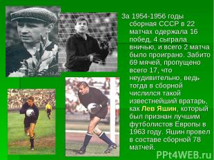 За 1954-1956 годы сборная СССР в 22 матчах одержала 16 побед, 4 сыграла вничью,