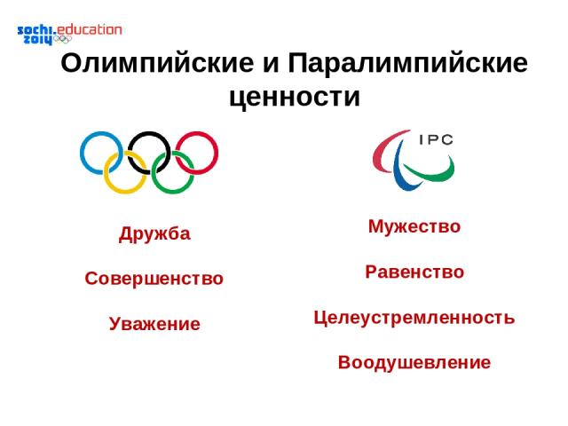 Олимпийские и Паралимпийские ценности Дружба Совершенство Уважение Мужество Равенство Целеустремленность Воодушевление