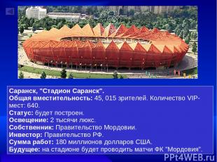 Саранск, "Стадион Саранск". Общая вместительность: 45, 015 зрителей. Количество