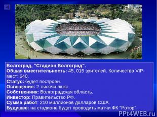 Волгоград, "Стадион Волгоград". Общая вместительность: 45, 015 зрителей. Количес