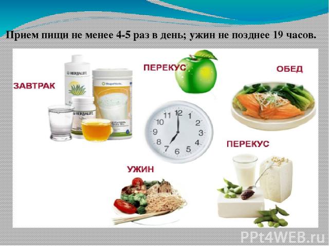 Прием пищи не менее 4-5 раз в день; ужин не позднее 19 часов.