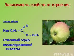 Запах яблок О Изо-С4Н9 – С О – С2Н5 Этиловый эфир изовалериановой кислоты Зависи