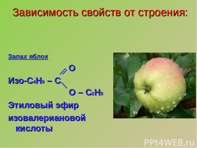 Запах яблок О Изо-С4Н9 – С О – С2Н5 Этиловый эфир изовалериановой кислоты Зависимость свойств от строения: