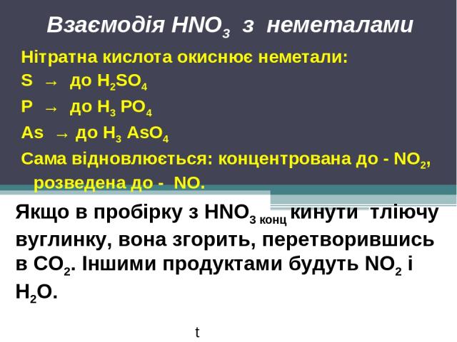 Взаємодія HNO3 з неметалами Нітратна кислота окиснює неметали: S → до Н2SО4 Р → до Н3 РО4 As → до Н3 AsО4 Сама відновлюється: концентрована до - NO2, розведена до - NO. Якщо в пробірку з HNO3 конц кинути тліючу вуглинку, вона згорить, перетворившись…