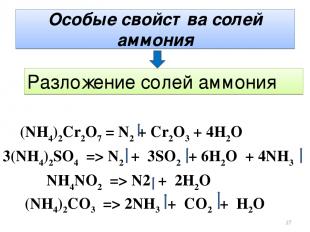 Особые свойства солей аммония Разложение солей аммония (NH4)2Cr2O7 = N2 + Cr2O3
