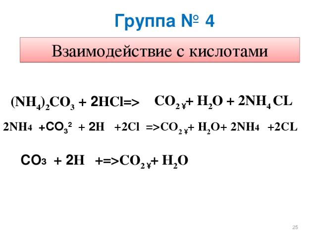 Группа № 4 Взаимодействие с кислотами (NH4)2СO3 + 2НCl=> СО2 ↑+ Н2О + 2NH4 CL 2NH4⁺+CO32⁻+ 2Н⁺ +2Cl⁻=>СО2 ↑+ Н2О+ 2NH4⁺ +2CL⁻ CO3⁻+ 2Н⁺ +=>СО2 ↑+ Н2О *