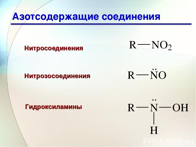 * Азотсодержащие соединения Нитросоединения Нитрозосоединения Гидроксиламины