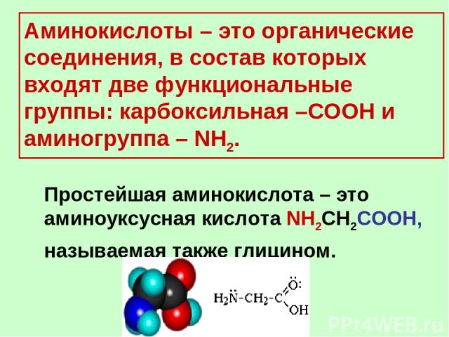 Аминокислоты – это органические соединения, в состав которых входят две функциональные группы: карбоксильная –COOH и аминогруппа – NH2. Простейшая аминокислота – это аминоуксусная кислота NH2CH2COOH, называемая также глицином.