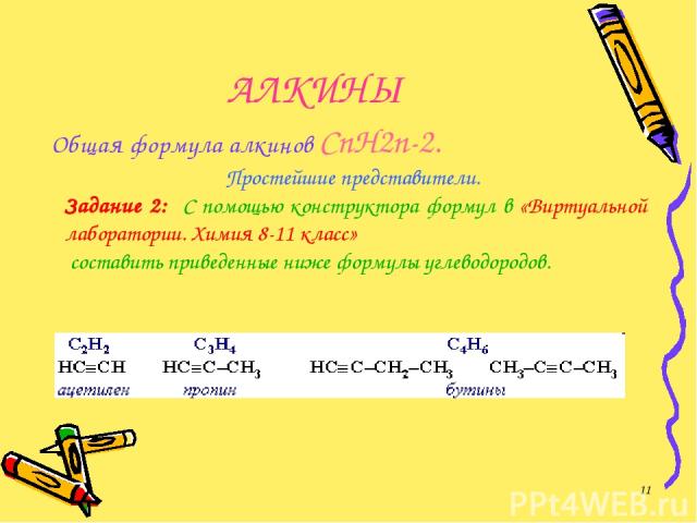 АЛКИНЫ Общая формула алкинов СnH2n-2. Простейшие представители. Задание 2: С помощью конструктора формул в «Виртуальной лаборатории. Химия 8-11 класс» составить приведенные ниже формулы углеводородов. *