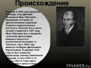 Окончив в 1804 году духовное училище, отец Дмитрия Ивановича Иван Павлович Менде