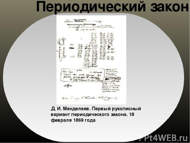 .  Периодический закон Д. И. Менделеев. Первый рукописный вариант периодического закона. 18 февраля 1869 года