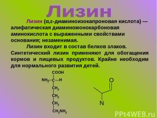 Лизин (α,ε-диаминоизокапроновая кислота) — алифатическая диаминомонокарбоновая а