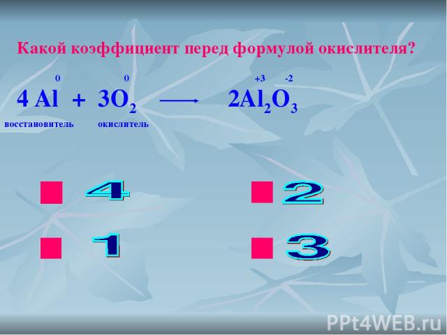 ok нет нет нет Какой коэффициент перед формулой окислителя? Al + O2 Al2O3 0 0 +3 -2 4 2 3 восстановитель окислитель