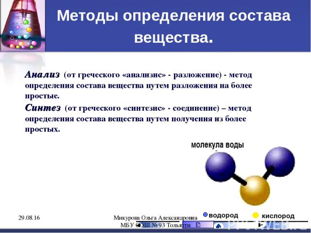 Методы определения состава вещества. Анализ (от греческого «анализис» - разложение) - метод определения состава вещества путем разложения на более простые. Синтез (от греческого «синтезис» - соединение) – метод определения состава вещества путем пол…