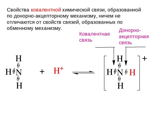 Свойства ковалентной химической связи, образованной по донорно-акцепторному механизму, ничем не отличаются от свойств связей, образованных по обменному механизму. Ковалентная связь Донорно- акцепторная связь