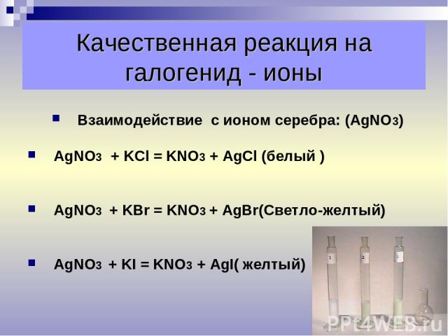 Качественная реакция на галогенид - ионы Взаимодействие с ионом серебра: (AgNO3) AgNO3 + KCl = KNO3 + AgCl (белый ) AgNO3 + KВr = KNO3 + AgBr(Светло-желтый) AgNO3 + KI = KNO3 + AgI( желтый)