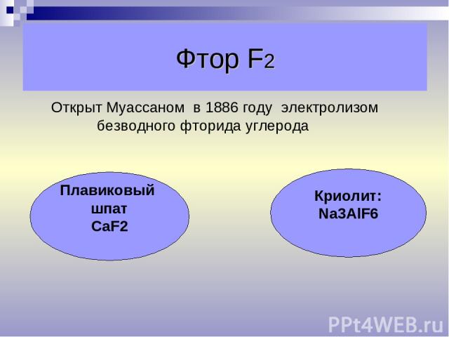 Фтор F2 Открыт Муассаном в 1886 году электролизом безводного фторида углерода Плавиковый шпат СаF2 Криолит: Na3AlF6