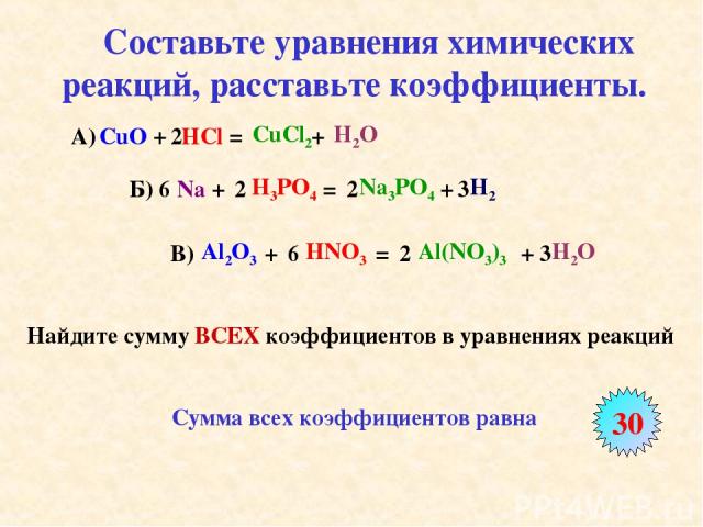 Составьте уравнения химических реакций, расставьте коэффициенты. CuO + 2 HCl = CuCl2 + H2O А) Б) 6 Na + 2 H3PO4 = 2 Na3PO4 + 3 H2 В) Al2O3 + 6 HNO3 = 2 Al(NO3)3 + 3 H2O Найдите сумму ВСЕХ коэффициентов в уравнениях реакций Сумма всех коэффициентов р…