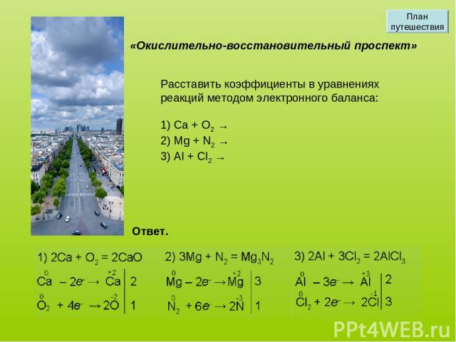 Расставить коэффициенты в уравнениях реакций методом электронного баланса: 1) Ca + O2 → 2) Mg + N2 → 3) Al + Cl2 → «Окислительно-восстановительный проспект» Ответ. План путешествия