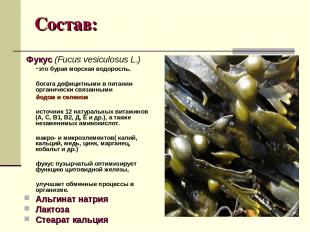 Состав: Фукус (Fucus vesiculosus L.) -это бурая морская водоросль. богата дефици