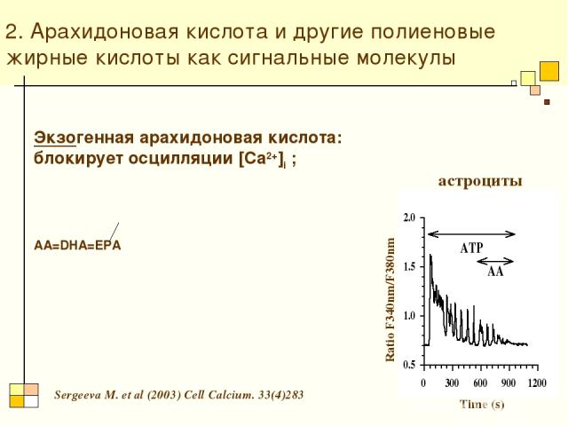 2. Арахидоновая кислота и другие полиеновые жирные кислоты как сигнальные молекулы Ratio F340nm/F380nm Time (s) Экзогенная арахидоновая кислота: блокирует осцилляции [Ca2+]i ; AA=DHA=EPA астроциты Sergeeva M. et al (2003) Cell Calcium. 33(4)283