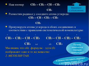 Наш изомер СН3 – СН2 – СН – СН3 I CН3 Разместим радикал у соседнего атома углеро