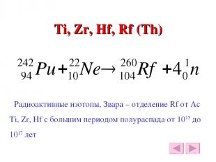 Ti, Zr, Hf, Rf (Th) Радиоактивные изотопы, Звара – отделение Rf от Ac Ti, Zr, Hf