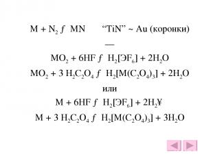 M + N2 → MN “TiN” ~ Au (коронки) — MO2 + 6HF → H2[ЭF6] + 2H2O MO2 + 3 H2C2O4 → H