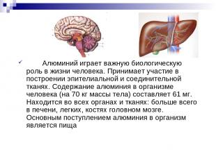 Алюминий играет важную биологическую роль в жизни человека. Принимает участие в