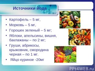 Источники йода Картофель – 5 мг, Морковь – 5 мг, Горошек зеленый – 5 мг; Яблоки,