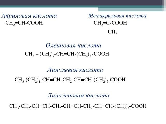 Акриловая кислота Метакриловая кислота СН2=СН-СООН СН2=С-СООН СН3 Олеиновая кислота СН3 – (СН2)7-СН=СН-(СН2)7 -СООН Линолевая кислота СН3-(СН2)4-СН=СН-СН2-СН=СН-(СН2)7-СООН Линоленовая кислота СН3-СН2-СН=СН-СН2-СН=СН-СН2-СН=СН-(СН2)7-СООН