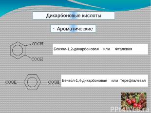 Дикарбоновые кислоты Ароматические Бензол-1,2-дикарбоновая или Фталевая Бензол-1