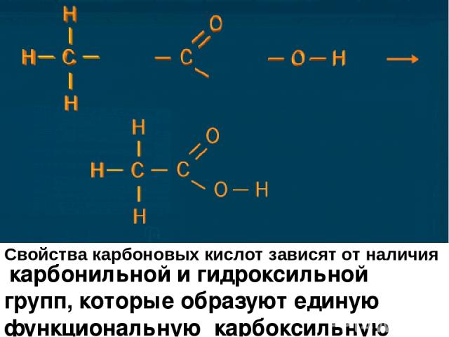 карбонильной и гидроксильной групп, которые образуют единую функциональную карбоксильную группу. Свойства карбоновых кислот зависят от наличия