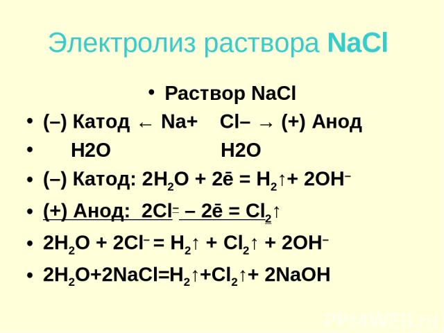 Электролиз раствора NaCl Раствор NaCl (–) Катод ← Na+ Cl– → (+) Анод H2O H2O (–) Катод: 2H2O + 2ē = H2↑+ 2OH– (+) Анод: 2Cl– – 2ē = Cl2↑ 2H2O + 2Cl– = H2↑ + Cl2↑ + 2OH– 2H2O+2NaCl=H2↑+Cl2↑+ 2NaOH