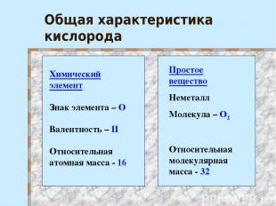 Общая характеристика кислорода Химический элемент Знак элемента – О Валентность