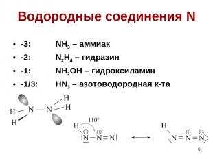 * Водородные соединения N -3: NH3 – аммиак -2: N2H4 – гидразин -1: NH2OH – гидро