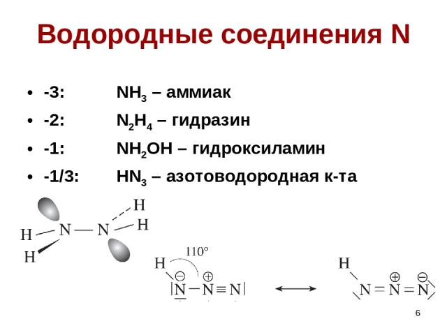 * Водородные соединения N -3: NH3 – аммиак -2: N2H4 – гидразин -1: NH2OH – гидроксиламин -1/3: HN3 – азотоводородная к-та